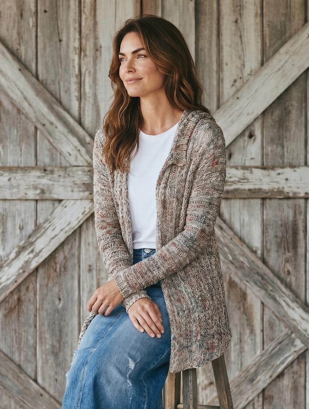 Buckle Hem And Thread Multicolor/Taupe Hooded Open-Front Cardigan